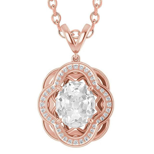 Pendente Halo Con Genuino Diamante Vecchio Minatore Tondo E Ovale 4 Carati In Oro Rosa 14K