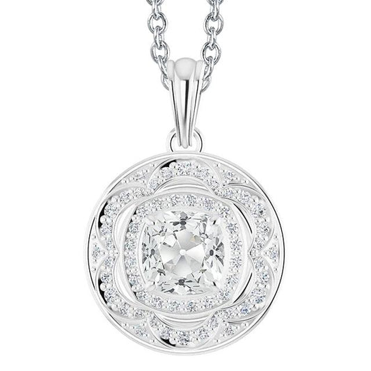 Pendente Halo Con Naturale Diamante Cuscino Da 5 Carati Vecchia Cauzione Da Minatore In Oro Bianco 14K