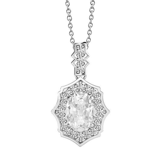 Pendente Halo Con Naturale Diamante Ovale E Rotondo Da 3,50 Carati E Old Miner In Oro Bianco 14K