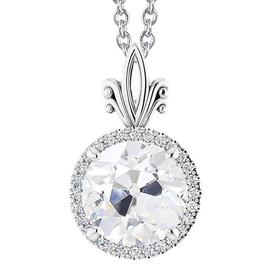 Pendente Halo Con Naturale Diamante Tondo Da 5,50 Carati Con Catena Scorrevole In Oro Bianco 14K