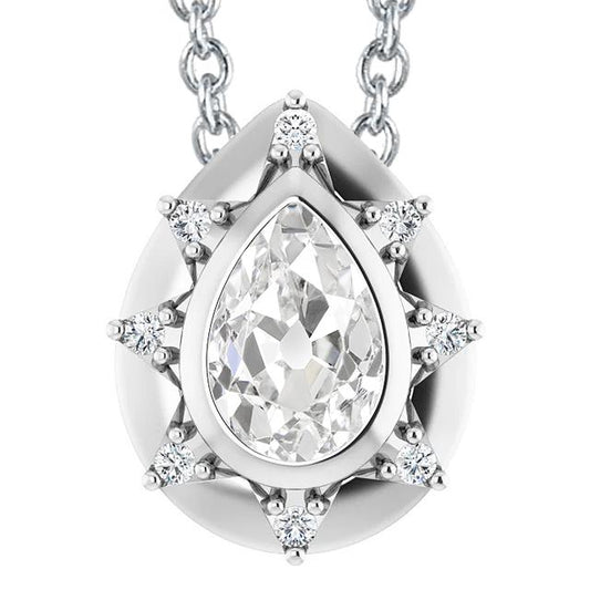 Pendente Halo Con Naturale Diamanti A Forma Di Pera Da 5 Carati Lunetta Old Miner In Oro Bianco 14K