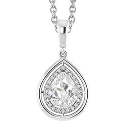 Pendente Halo Con Pera 3 Carati E Naturale Diamante A Taglio Rotondo Vecchia Miniera In Oro Bianco 14K