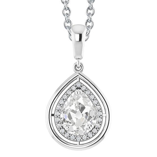 Pendente Halo Con Pera 3 Carati E Naturale Diamante A Taglio Rotondo Vecchia Miniera In Oro Bianco 14K