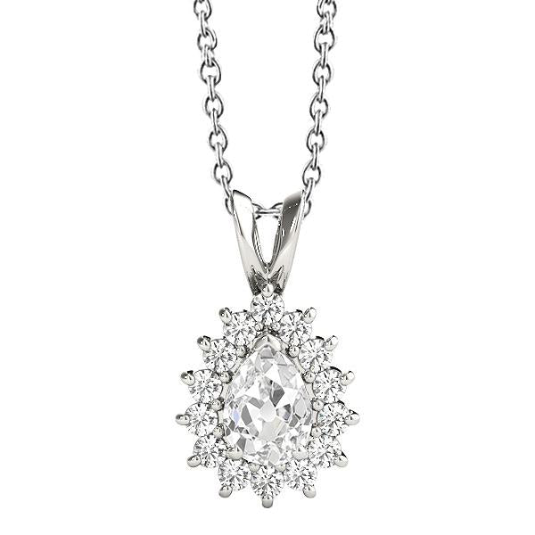 Pendente Halo Con Pera Da 2,50 Carati E Naturale Diamanti Rotondi Taglio Vecchio In Oro Bianco 14K