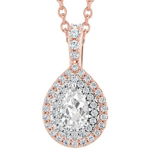 Pendente Halo Con Pera Da 6 Carati E Genuino Diamante A Taglio Rotondo Old Mine Bicolore In Oro Bianco 14K