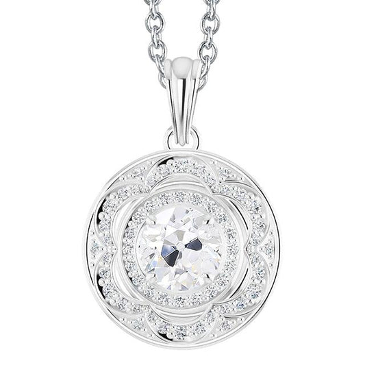 Pendente Halo Con Un Vecchio Minatore Di Genuino Diamanti Taglio Rotondo Da 3,50 Carati In Oro Bianco 14K