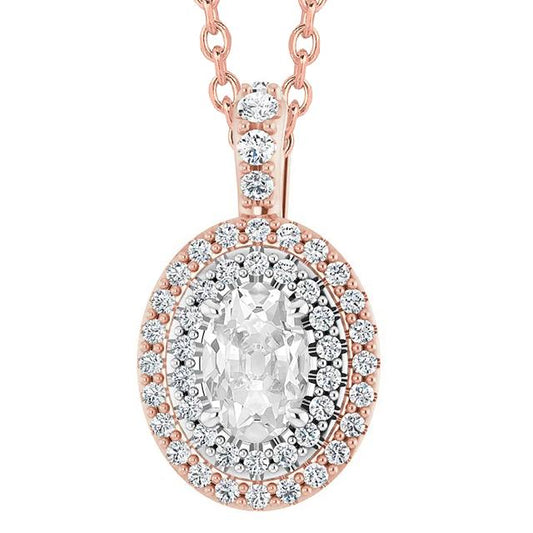 Pendente Halo Con Vero Diamante A Taglio Ovale Da 6 Carati A Forma Di Miniera D'Oro In Oro Bicolore