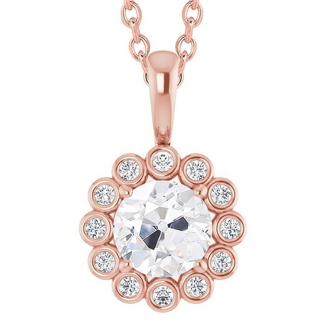 Pendente In Oro Con Genuino Diamanti Tondi 4 Carati, Incastonatura A Fiore Di Vecchio Minatore