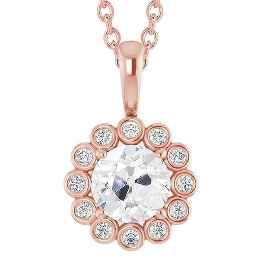 Pendente In Oro Con Genuino Diamanti Tondi 4 Carati, Incastonatura A Fiore Di Vecchio Minatore