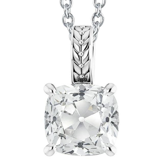 Pendente Solitario Antico Con Catena Scorrevole Di Genuino Diamanti Taglio Cuscino Da 5 Carati In Oro Bianco 14K