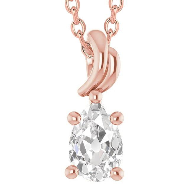 Pendente Solitario Da Donna Con Genuino Diamante Vecchio Minatore 3 Carati A Pera In Oro Rosa 14K