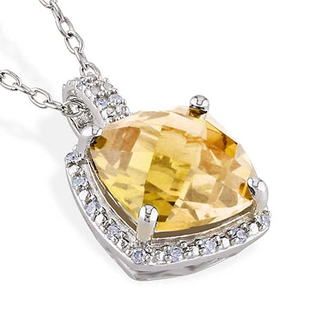 Pendente Citrino Grande Cuscino Con Diamanti 26.75 Ct Oro Bianco 14K