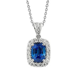 Pendente per collana con zaffiro blu cuscino 3,50 carati e diamanti in oro bianco 14K