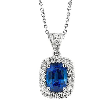Pendente per collana con zaffiro blu cuscino 3,50 carati e diamanti in oro bianco 14K