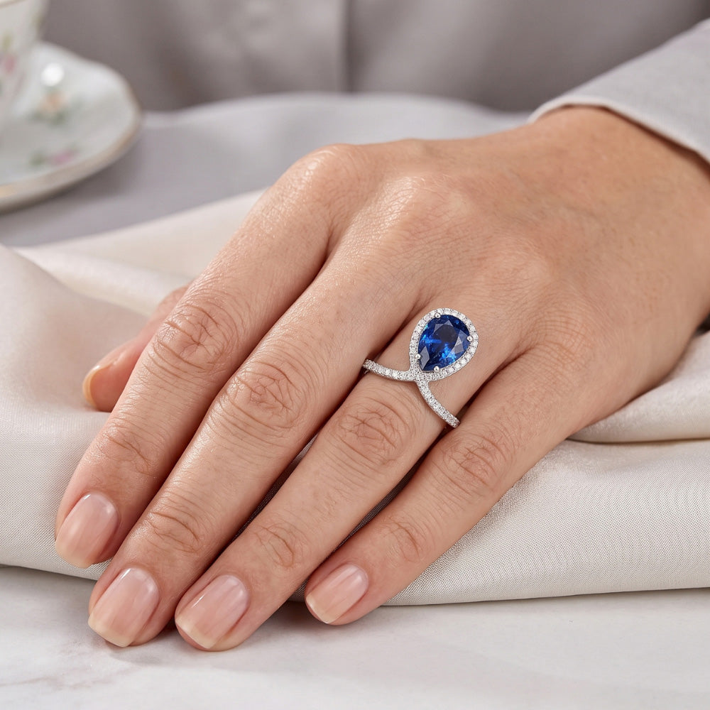Pera Halo Diamond Ring Enhancer Zaffiro blu naturale 3.50 carati