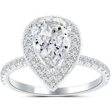Pera Con Vero Diamante Rotondo Anello Di Fidanzamento Halo 2.75 Oarati Oro Bianco 14K
