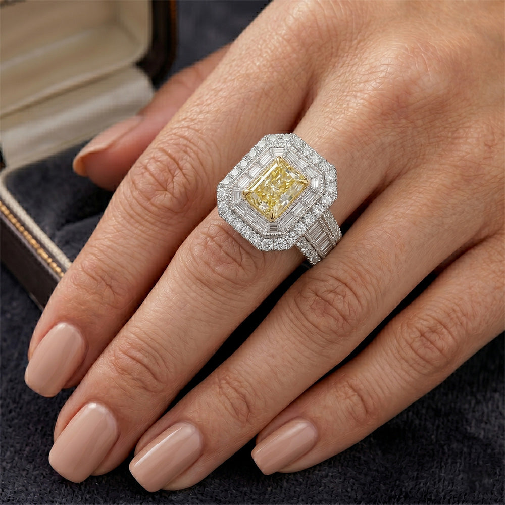 Premium Anello Halo con Diamante Giallo Canarino Pavé – 2 carati