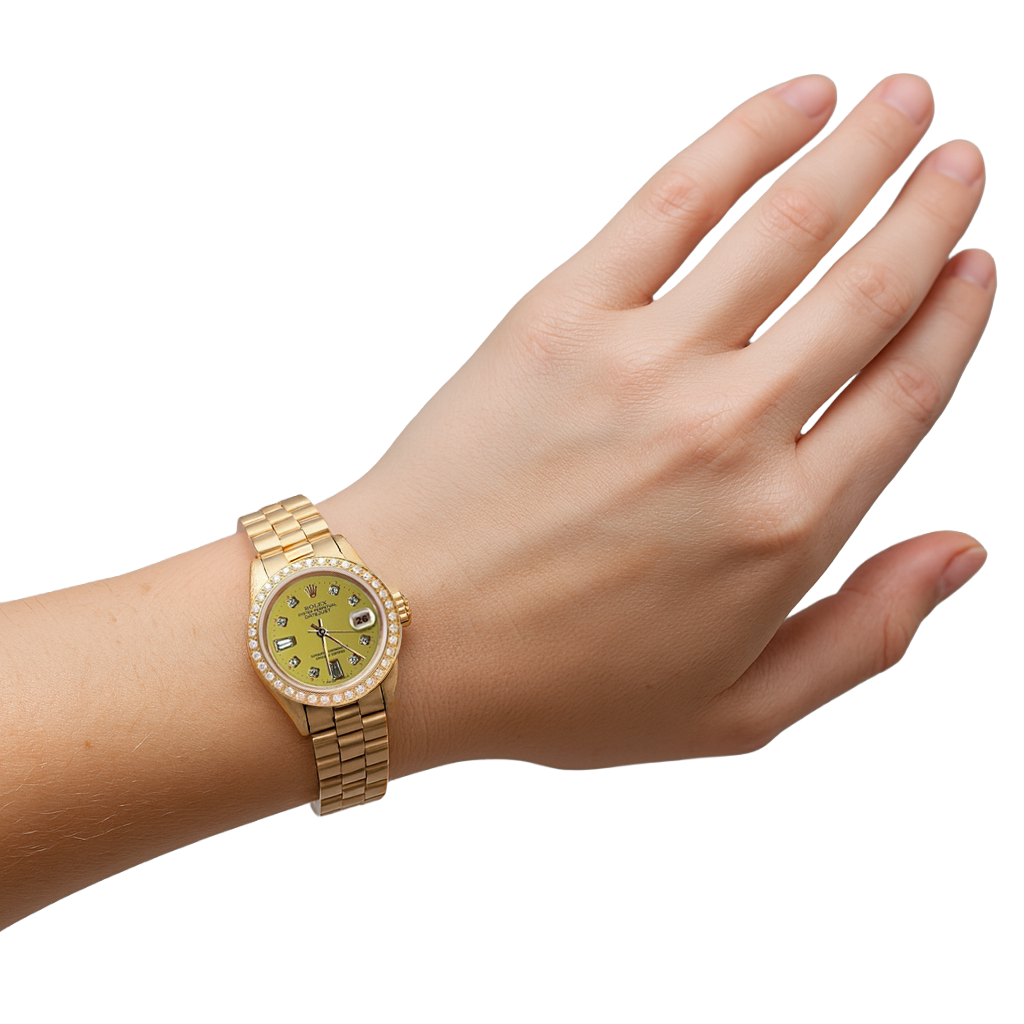 Presidente Champagne quadrante con diamanti lunetta orologio Rolex Datejust in oro giallo