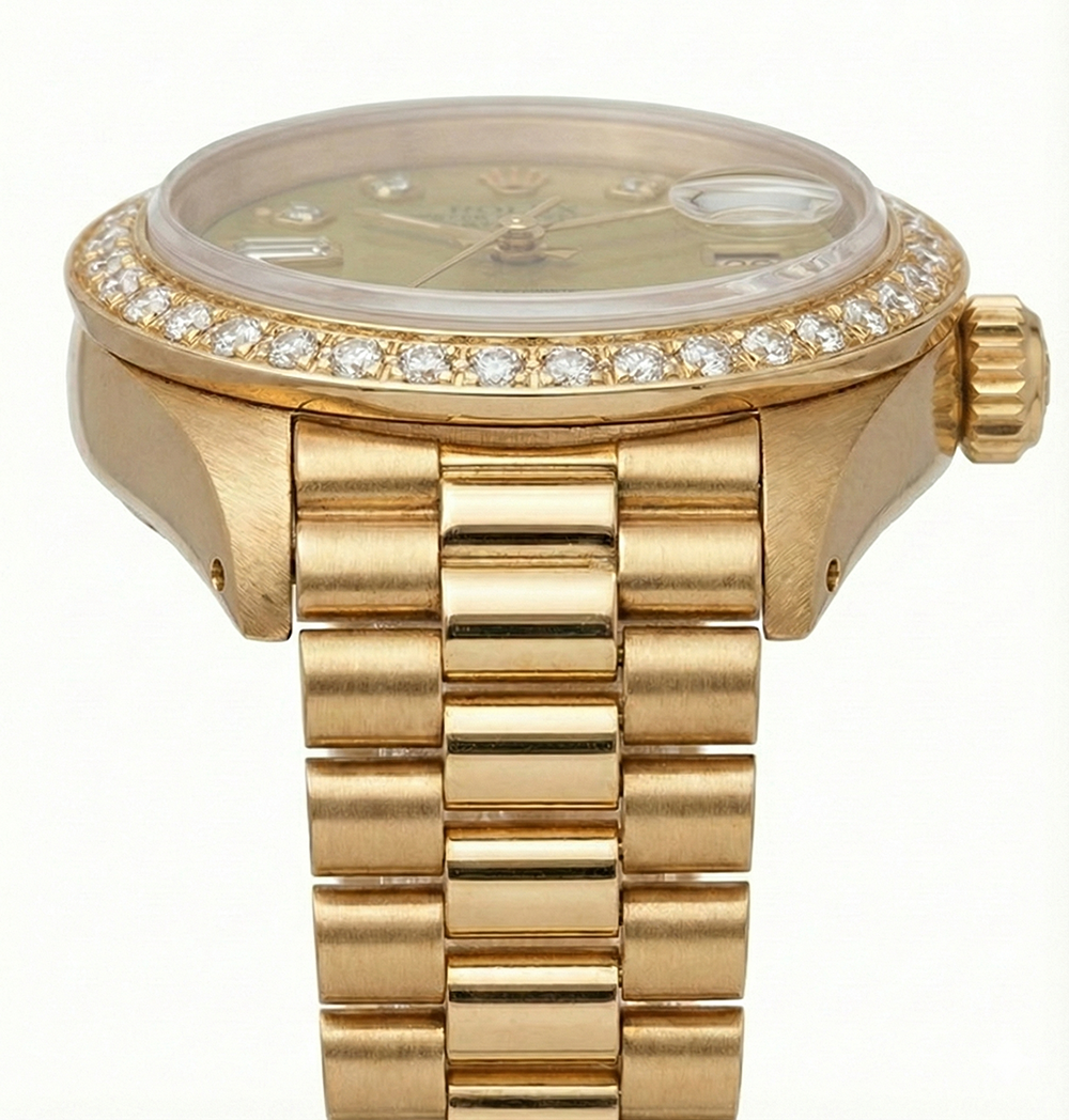 Presidente Champagne quadrante con diamanti lunetta orologio Rolex Datejust in oro giallo