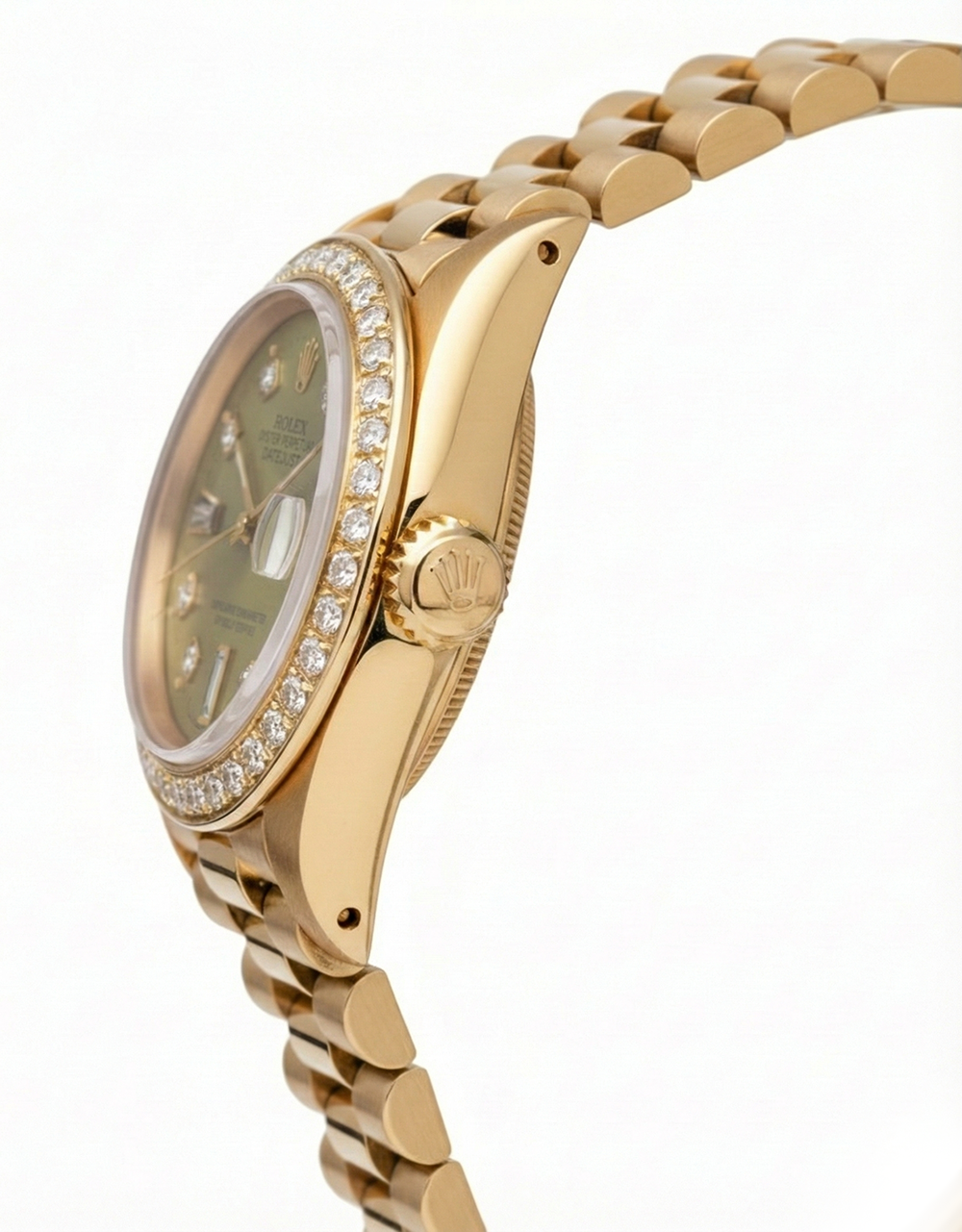 Presidente Champagne quadrante con diamanti lunetta orologio Rolex Datejust in oro giallo