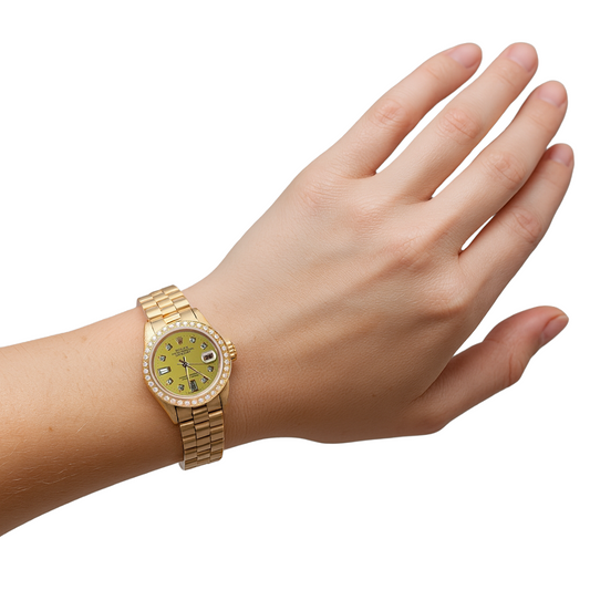 Presidente Champagne quadrante con diamanti lunetta orologio Rolex Datejust in oro giallo