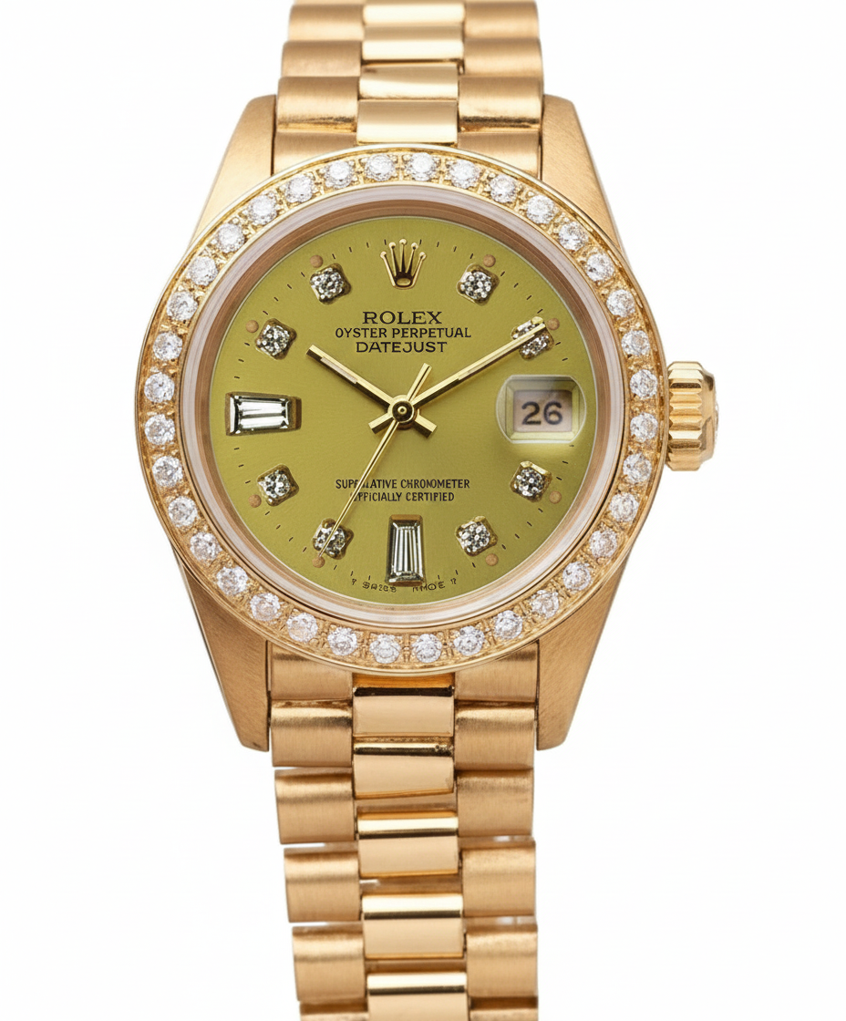 Presidente Champagne quadrante con diamanti lunetta orologio Rolex Datejust in oro giallo