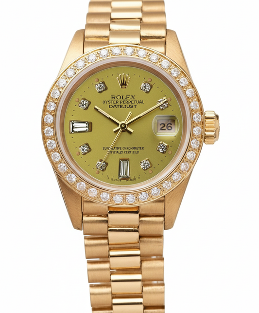 Presidente Champagne quadrante con diamanti lunetta orologio Rolex Datejust in oro giallo