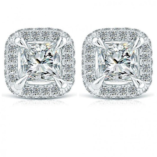 Princess And Round 4.00 Carati Vero Diamanti Studs Halo Orecchini Oro Bianco
