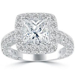 Princess And Round Halo Genuino Diamond Ring 4.00 Carati Oro Bianco