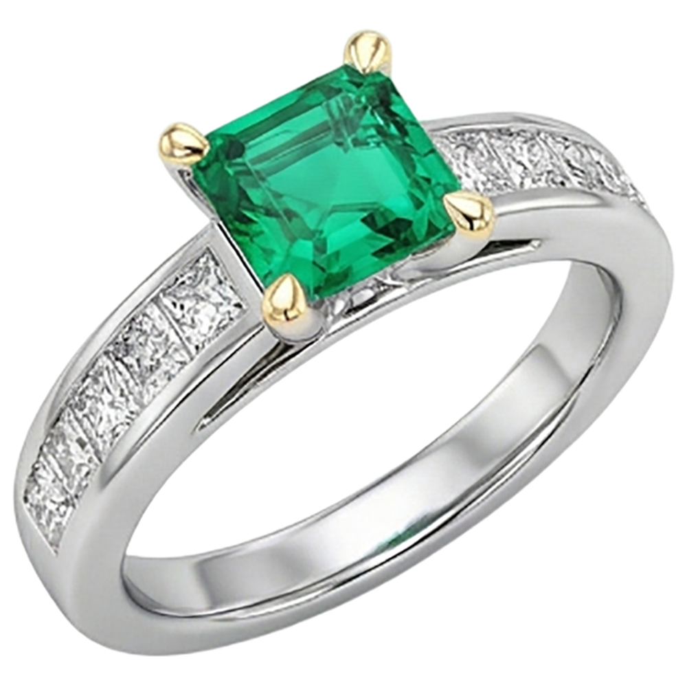 Asscher Smeraldo Colombiano anello in Oro Due Toni 14K – vista frontale