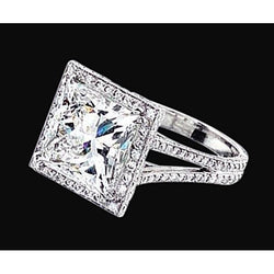 Princess Center Genuino Diamond Double Row Halo Ring Oro Bianco 2.55 Carati 14K