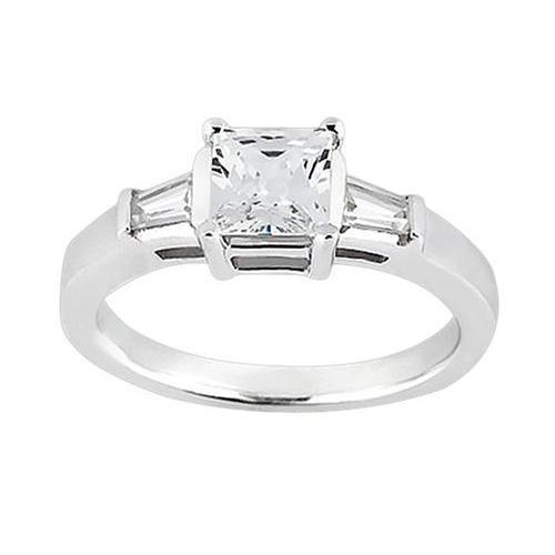 Princess & Baguette Anello Di Naturale Diamanti Da 1.20 Carati Con Tre Pietre Oro Bianco 14K