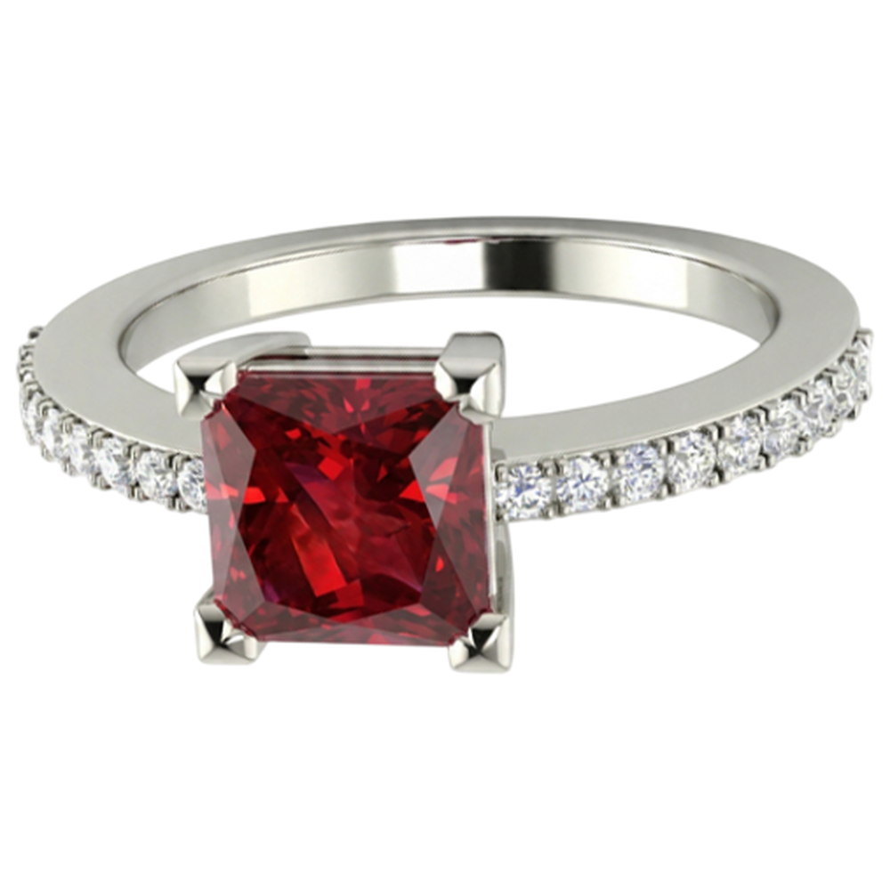 Principessa e taglio rotondo 3,45 ct. Anello Rubino E Diamanti Naturali Autentici ( non creati in laboratorio ) Oro Bianco 14K