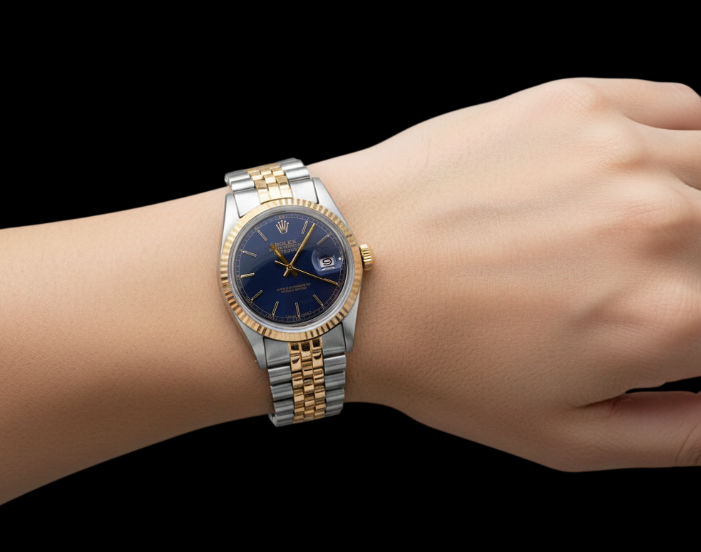 Quadrante blu con lunetta scanalata Rolex Datejust da uomo Orologio bicolore con regolazione rapida