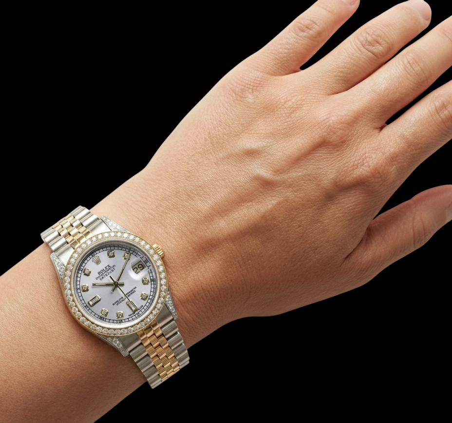 Quadrante in madreperla Orologio Rolex Datejust Lunetta personalizzata con diamanti Acciaio inossidabile e oro