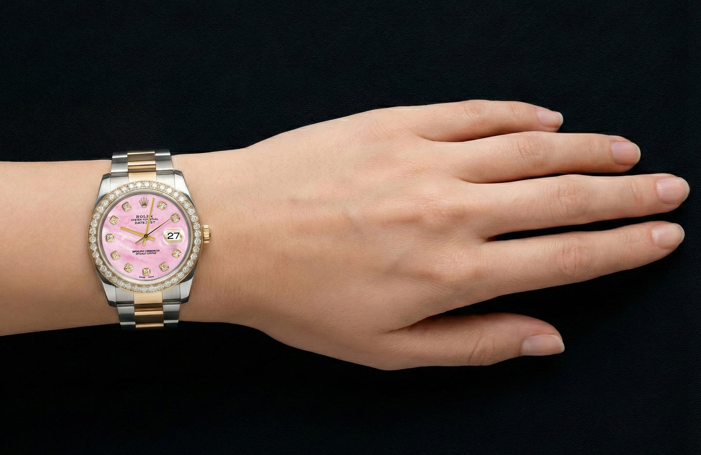Quadrante in madreperla rosa con diamanti Orologio Rolex Datejust bicolore da 36 mm Bracciale Oyster