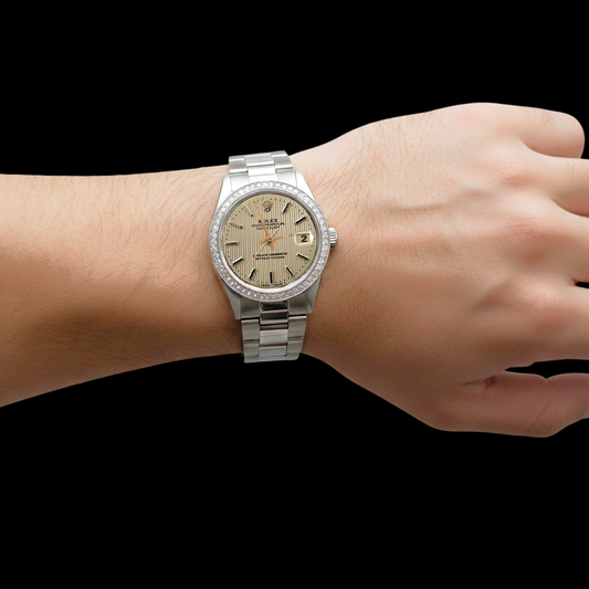 Quadrante a bastone avorio Rolex Date Just Orologio Diamante Lunetta Acciaio inossidabile ostrica