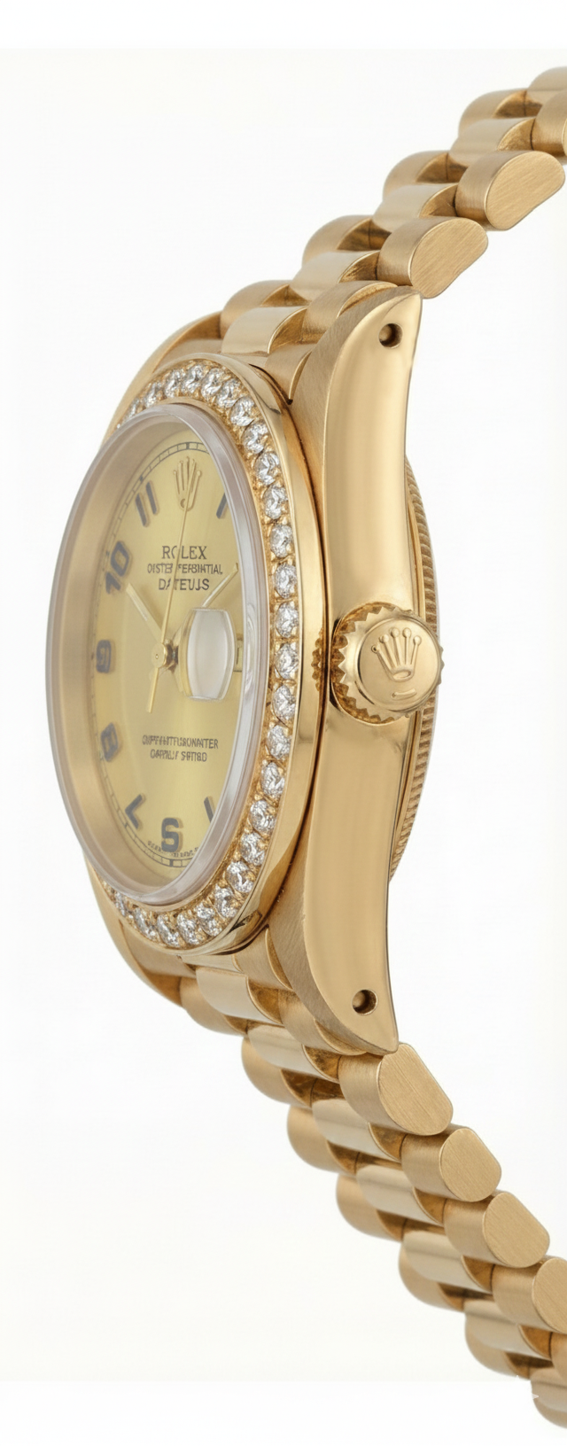 Quadrante arabo champagne Rolex Datejust Orologio in oro stile presidente con diamanti