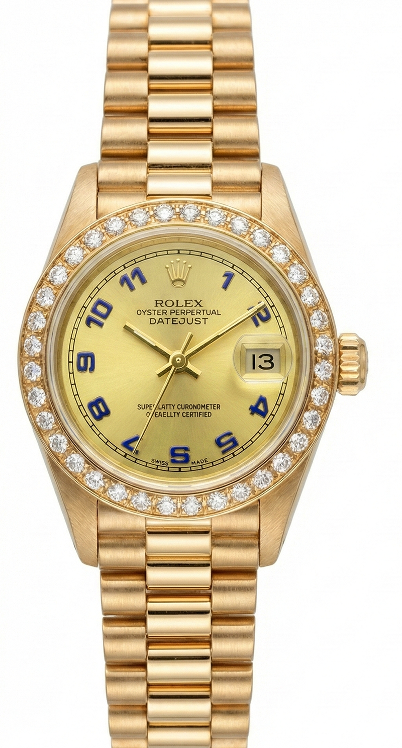 Quadrante arabo champagne Rolex Datejust Orologio in oro stile presidente con diamanti