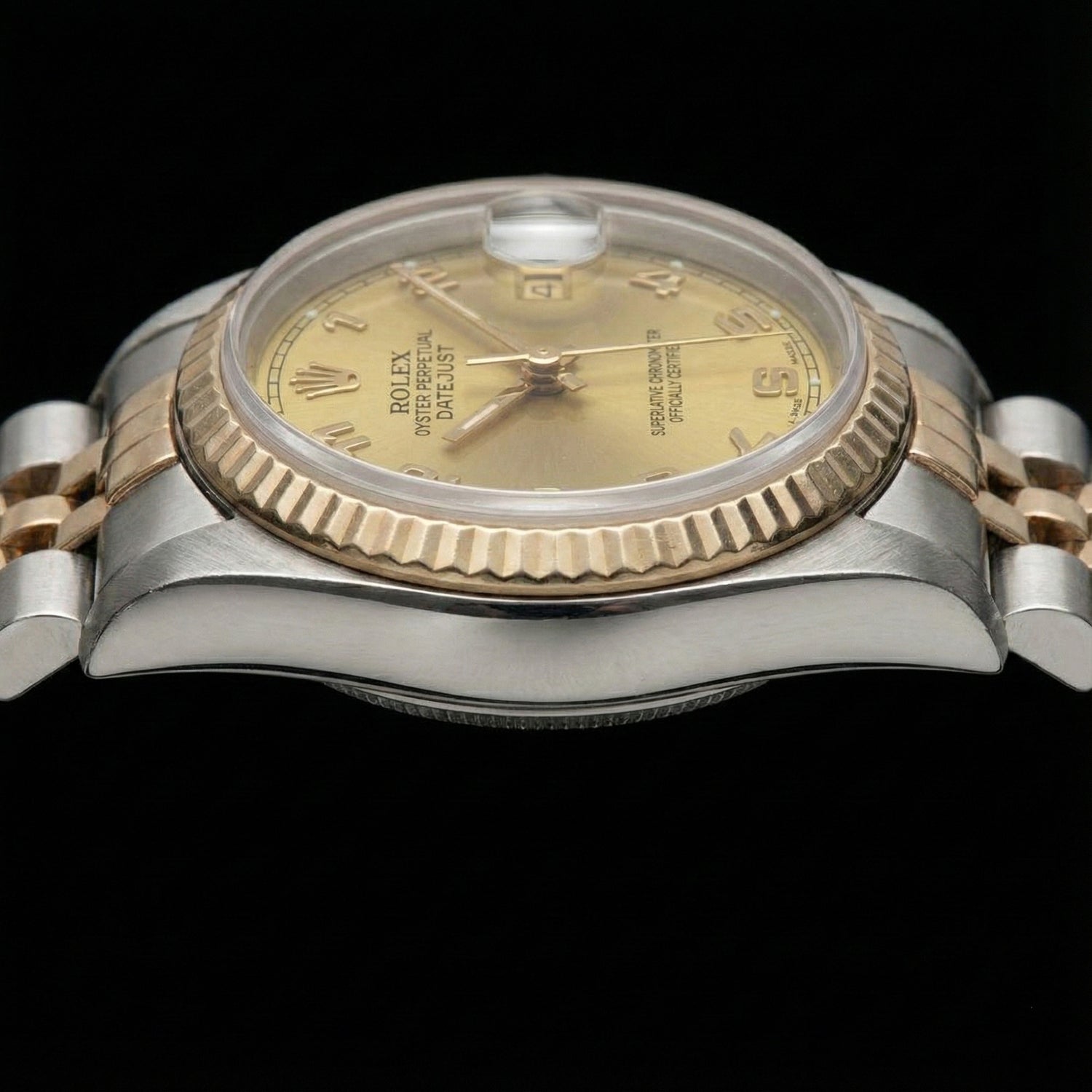 Quadrante arabo champagne acciaio inossidabile e giubileo signora Rolex Datejust in oro giallo