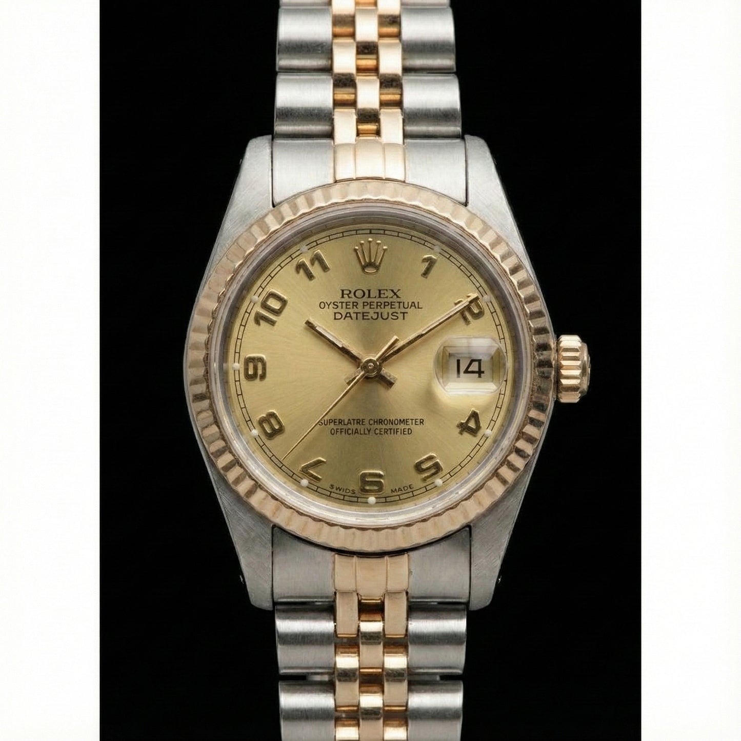 Quadrante arabo champagne acciaio inossidabile e giubileo signora Rolex Datejust in oro giallo
