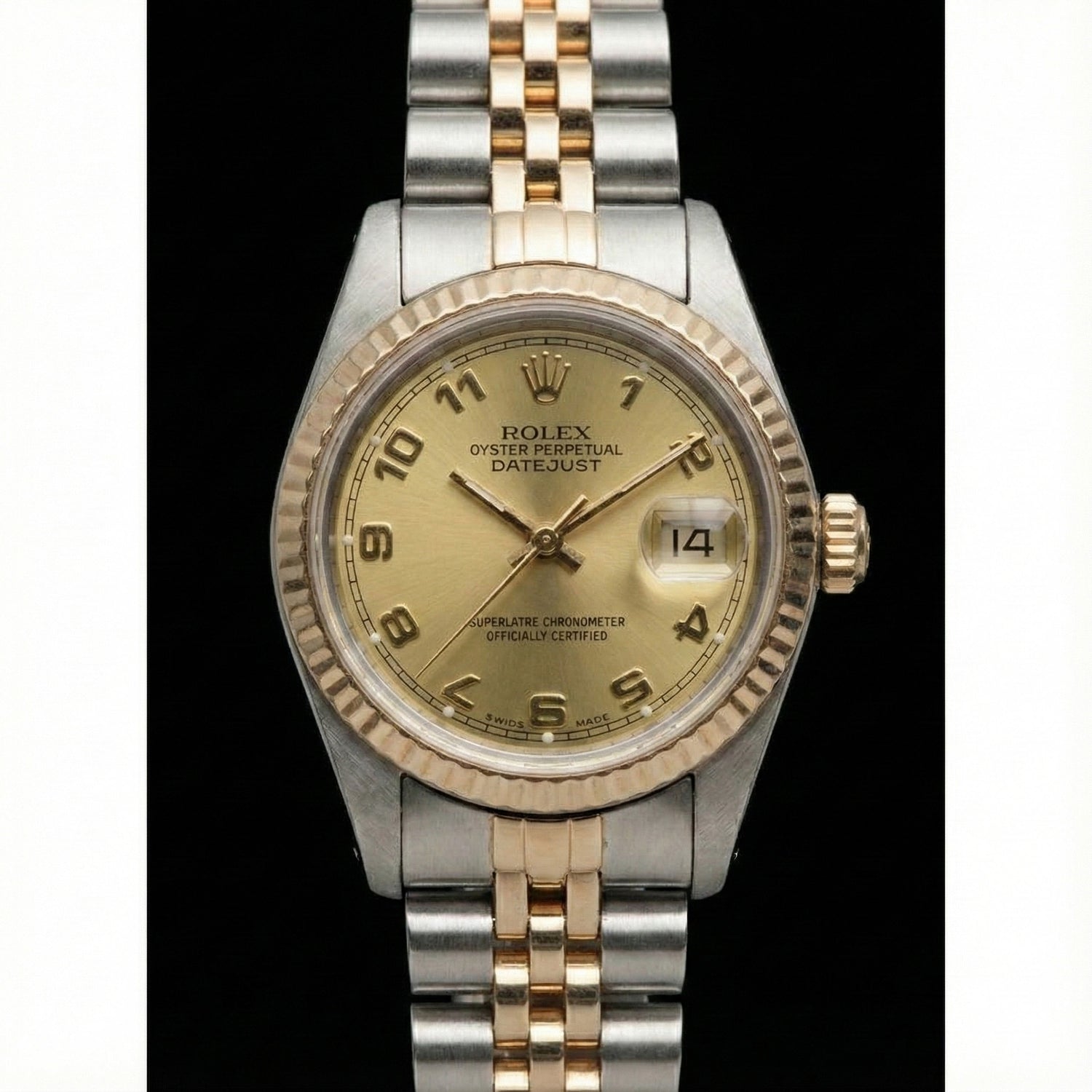 Quadrante arabo champagne acciaio inossidabile e giubileo signora Rolex Datejust in oro giallo