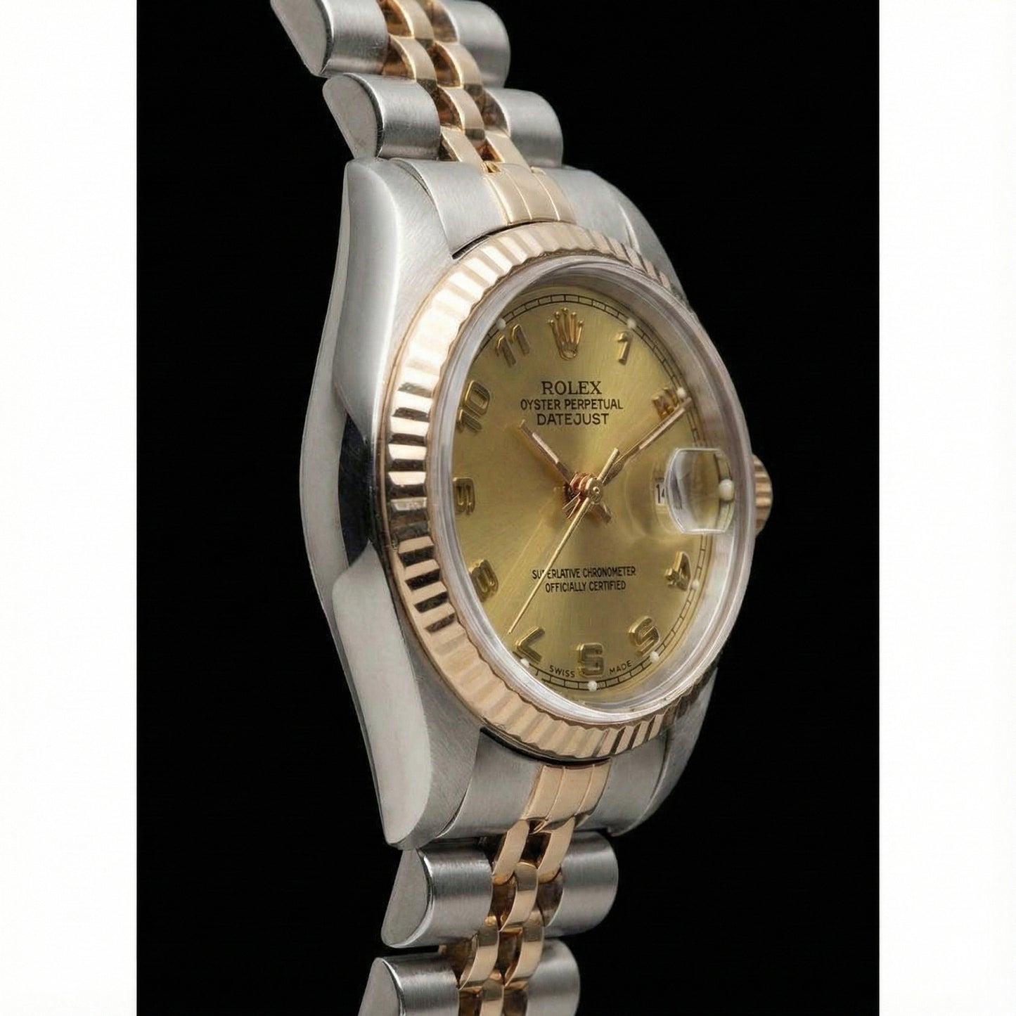 Quadrante arabo champagne acciaio inossidabile e giubileo signora Rolex Datejust in oro giallo
