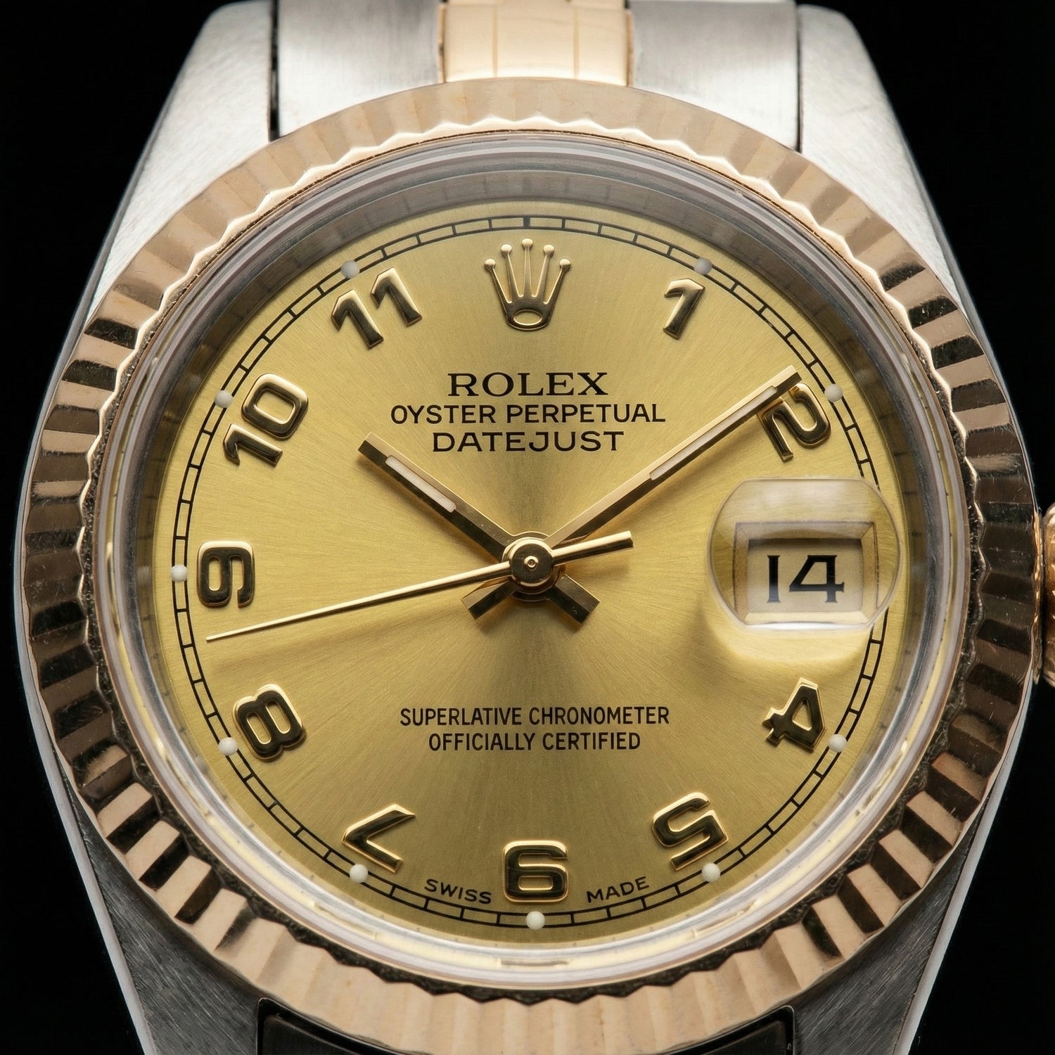 Quadrante arabo champagne acciaio inossidabile e giubileo signora Rolex Datejust in oro giallo