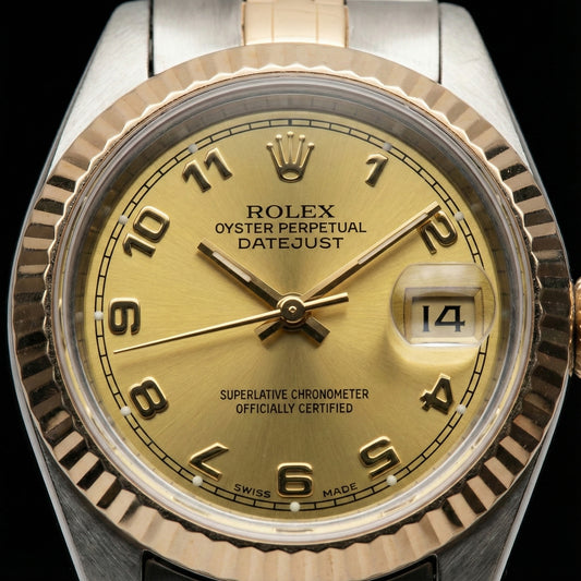 Quadrante arabo champagne acciaio inossidabile e giubileo signora Rolex Datejust in oro giallo