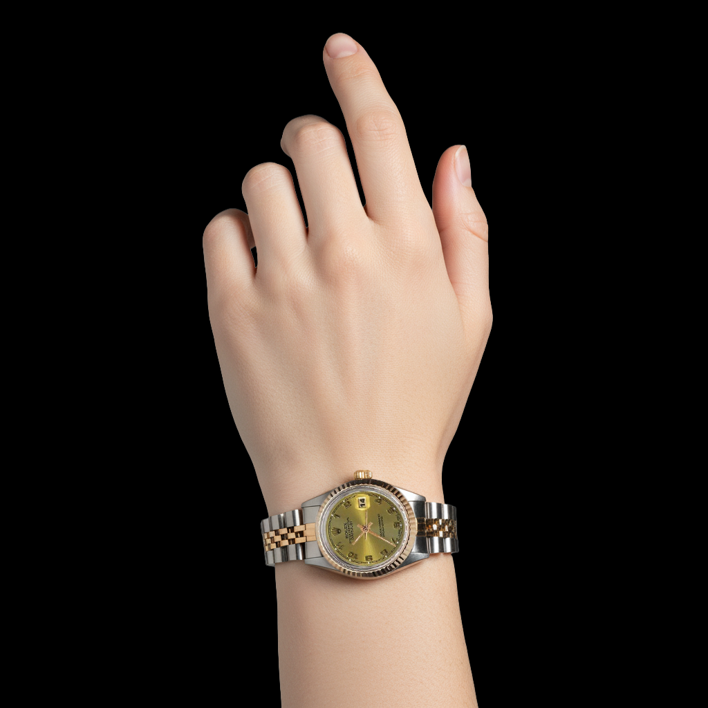 Quadrante arabo champagne acciaio inossidabile e giubileo signora Rolex Datejust in oro giallo P2