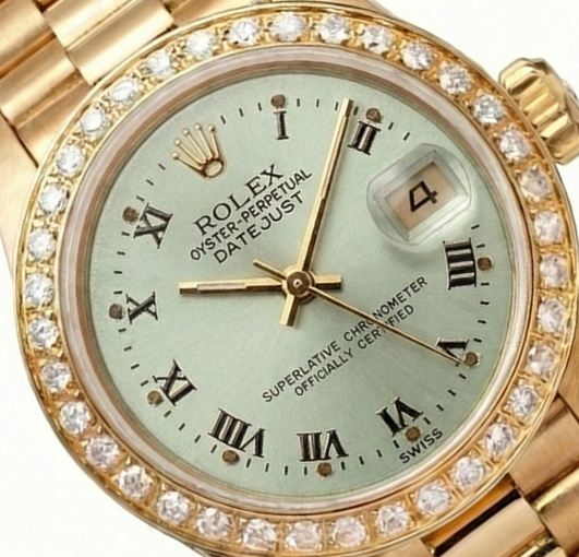 Quadrante bianco romano Lunetta con diamanti Rolex Datejust Orologio presidente stile Oro giallo