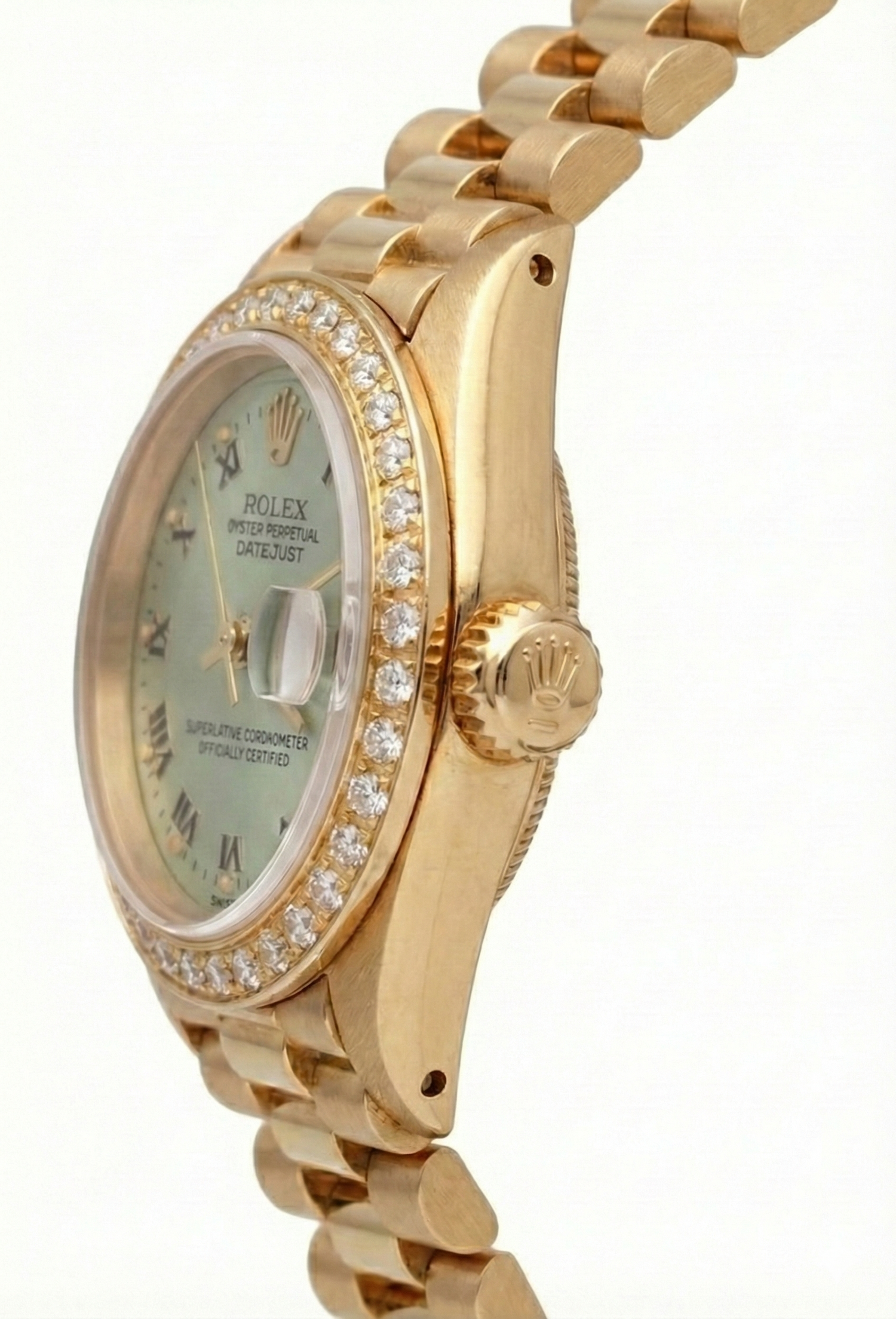 Quadrante bianco romano Lunetta con diamanti Rolex Datejust Orologio presidente stile Oro giallo