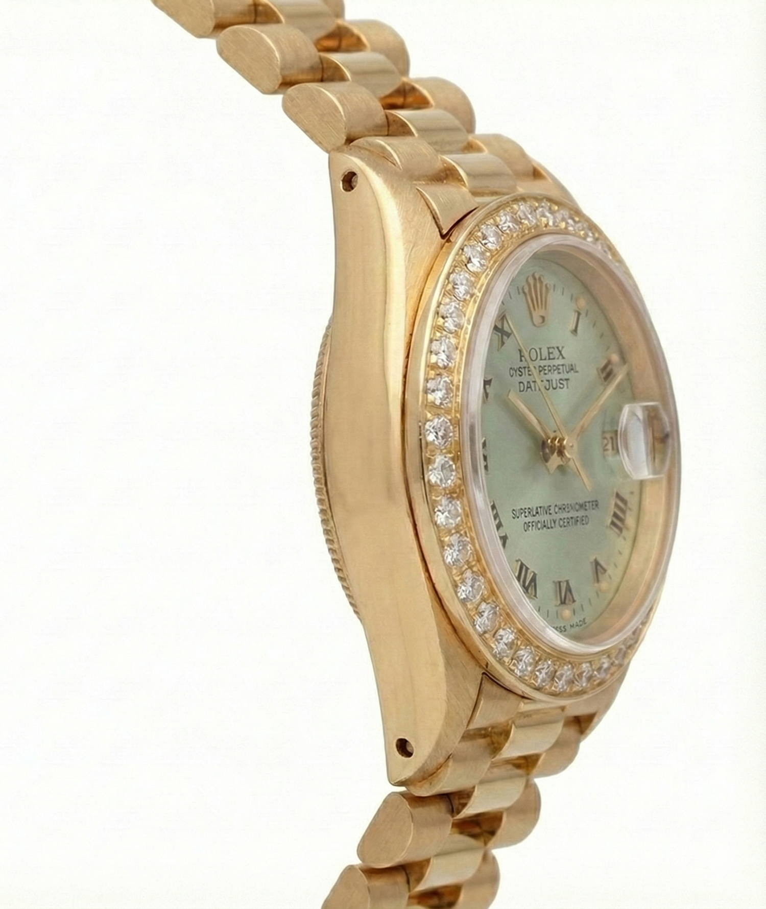 Quadrante bianco romano Lunetta con diamanti Rolex Datejust Orologio presidente stile Oro giallo