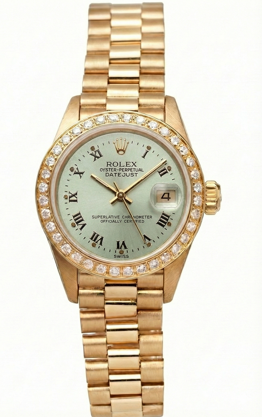 Quadrante bianco romano Lunetta con diamanti Rolex Datejust Orologio presidente stile Oro giallo